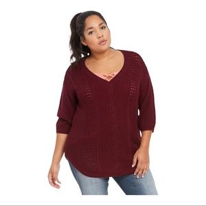 Torrid Size 5X Burgundy Cable Knit Crochet V-Neck Wool Blend Sweater